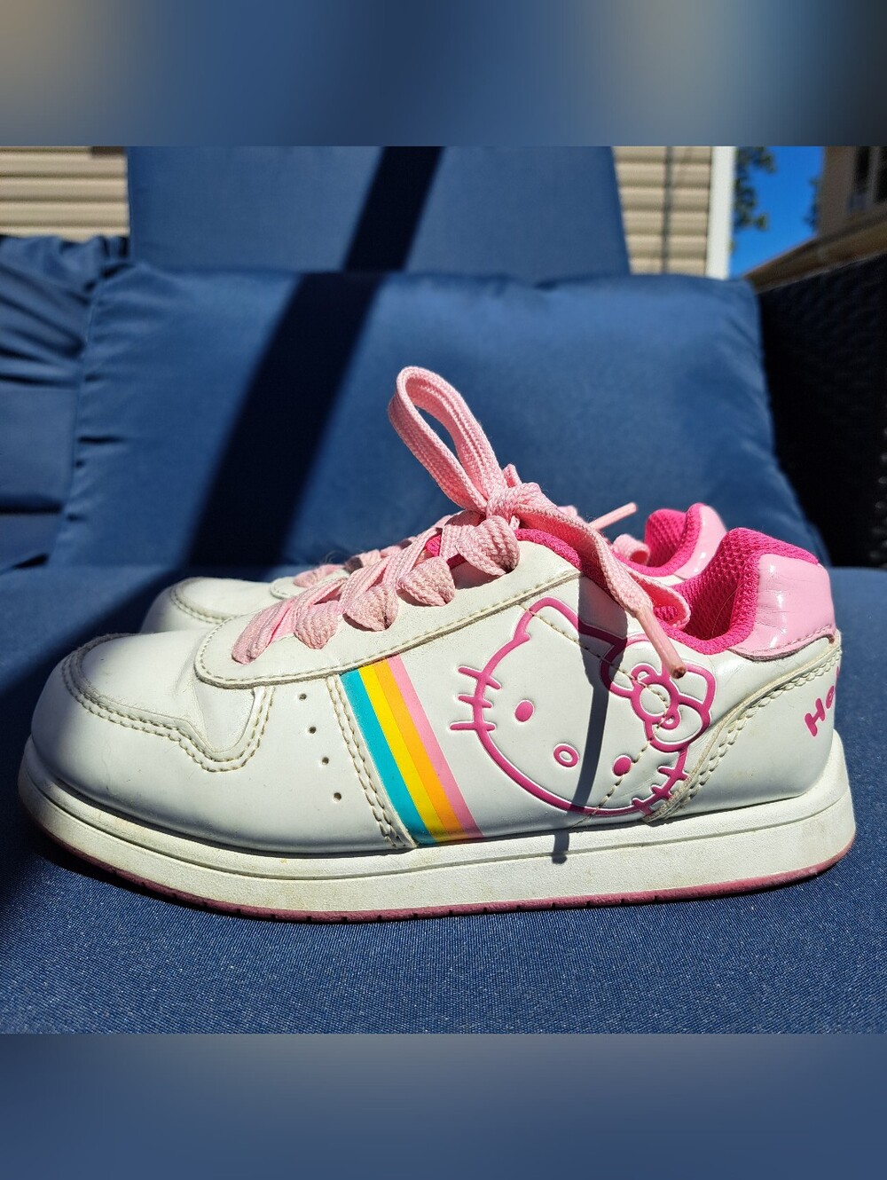 Hello Kitty White Sneakers with Pink Trim and Rainbow Stripe